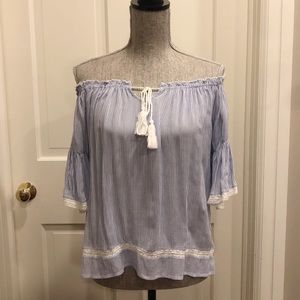 American Eagle Blue/White Striped Off Shoulder Top